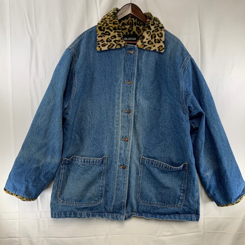 Braefair Denim Jacket Womens 1X Blue Leopard Faux Fur Lined Chore Coat Vintage